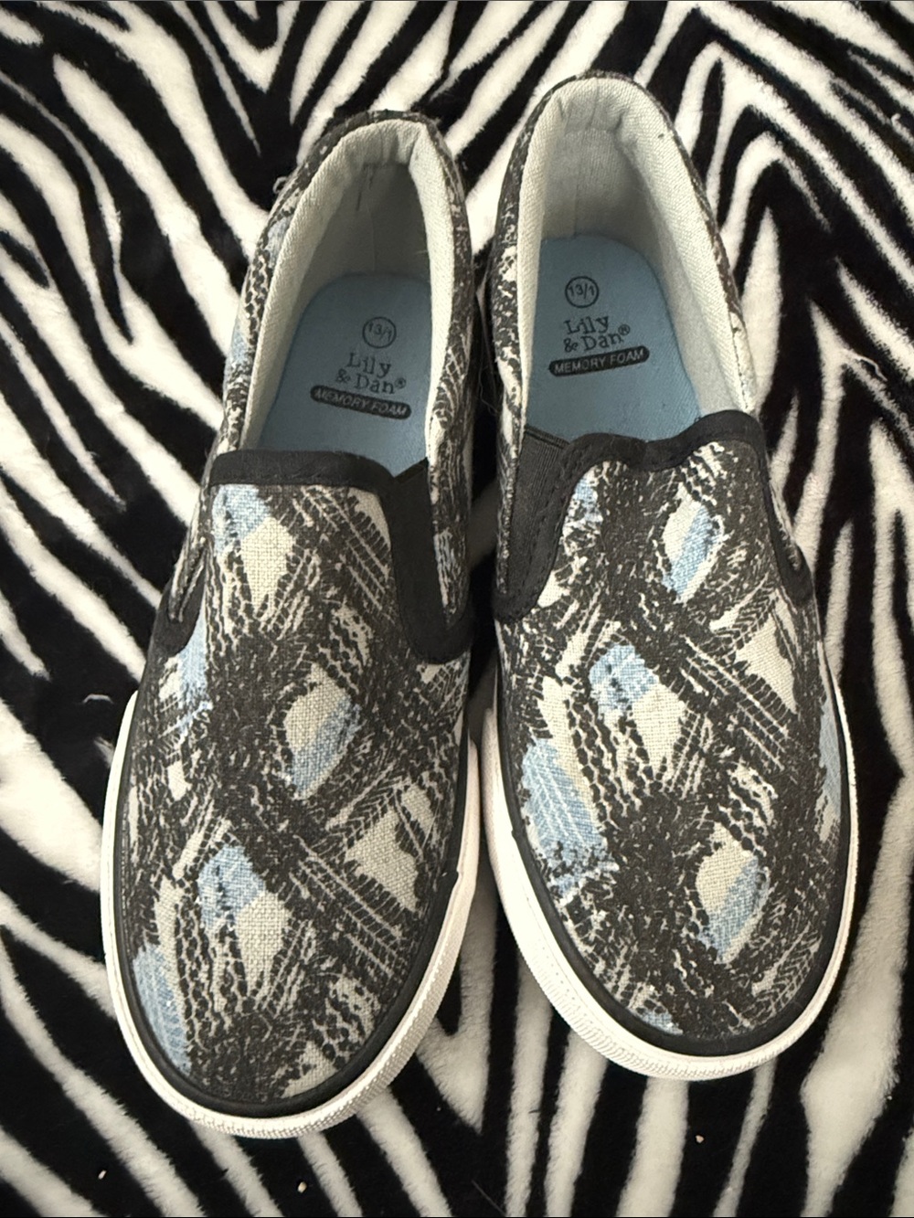 Kids Slip-On Sneakers in Black, White & Light Blue